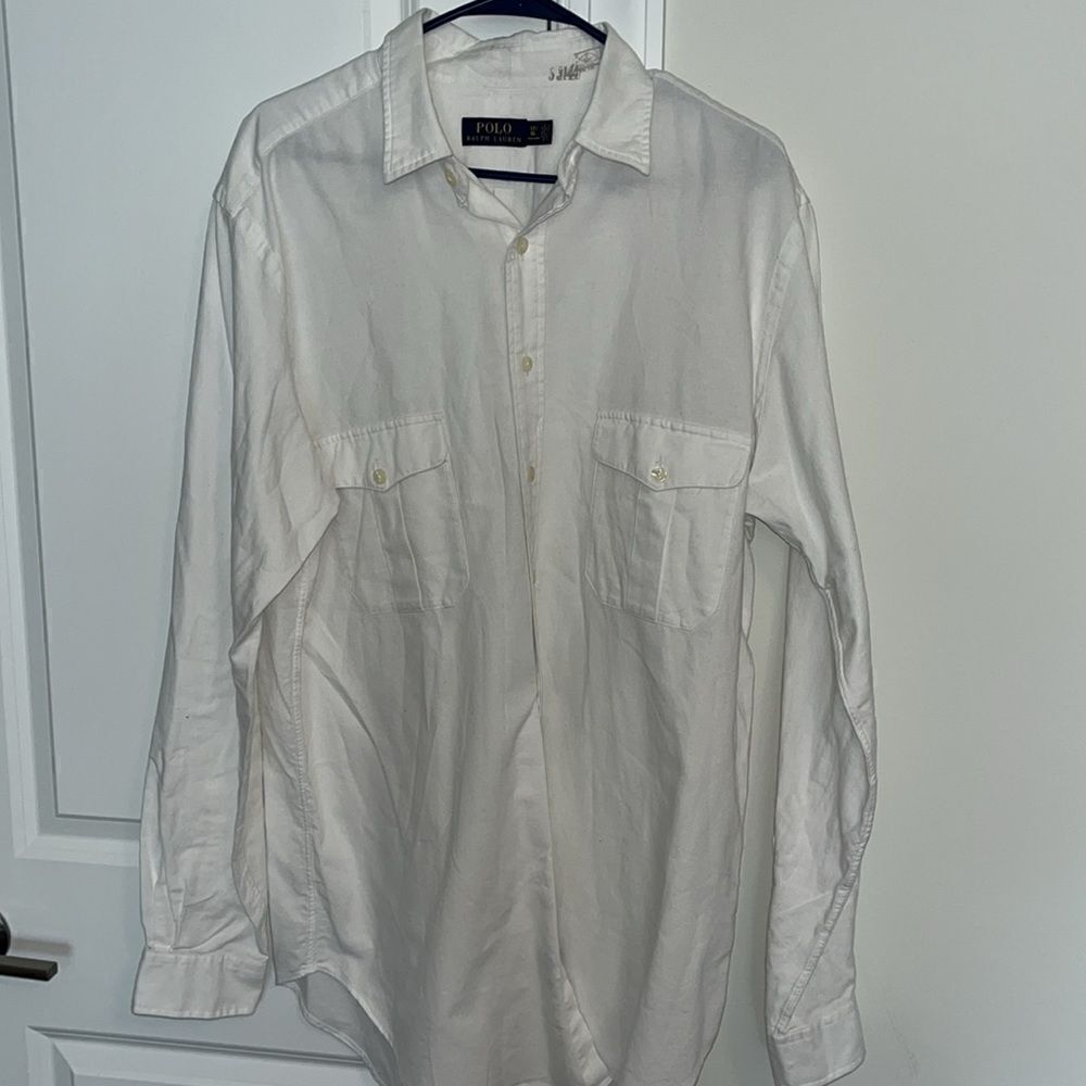 Men’s marked Polo Ralph Lauren white cotton double chest pocket LS work shirt LT